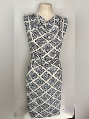 Stunning Cowl Neck Peserico White/Blue Classic Merola Pattern Mini Dress